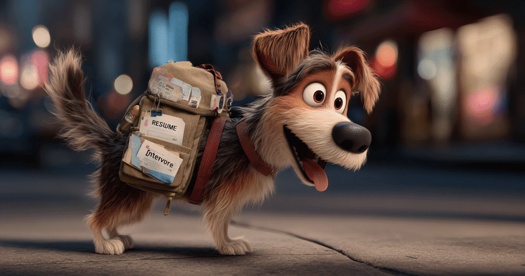 dog excited and all packed to his journey to search for the job