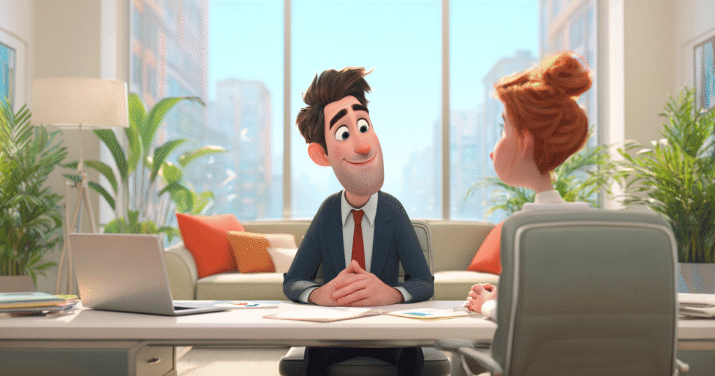 A lady confidenlty answering questions from manager because shes ready i her interview