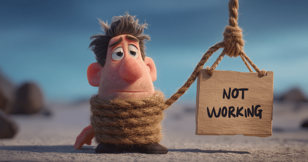 job seeker tied to a heavy block labeled “Not Working,” and realizing it's time to quit